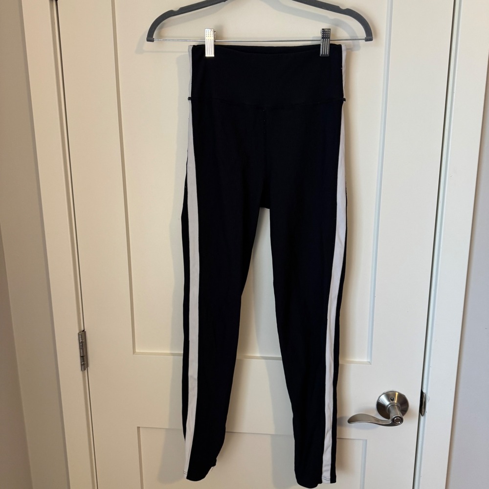Electric Yoga Womens Small Black Ribbed High Waist Side Stripe Leggings RN161063
